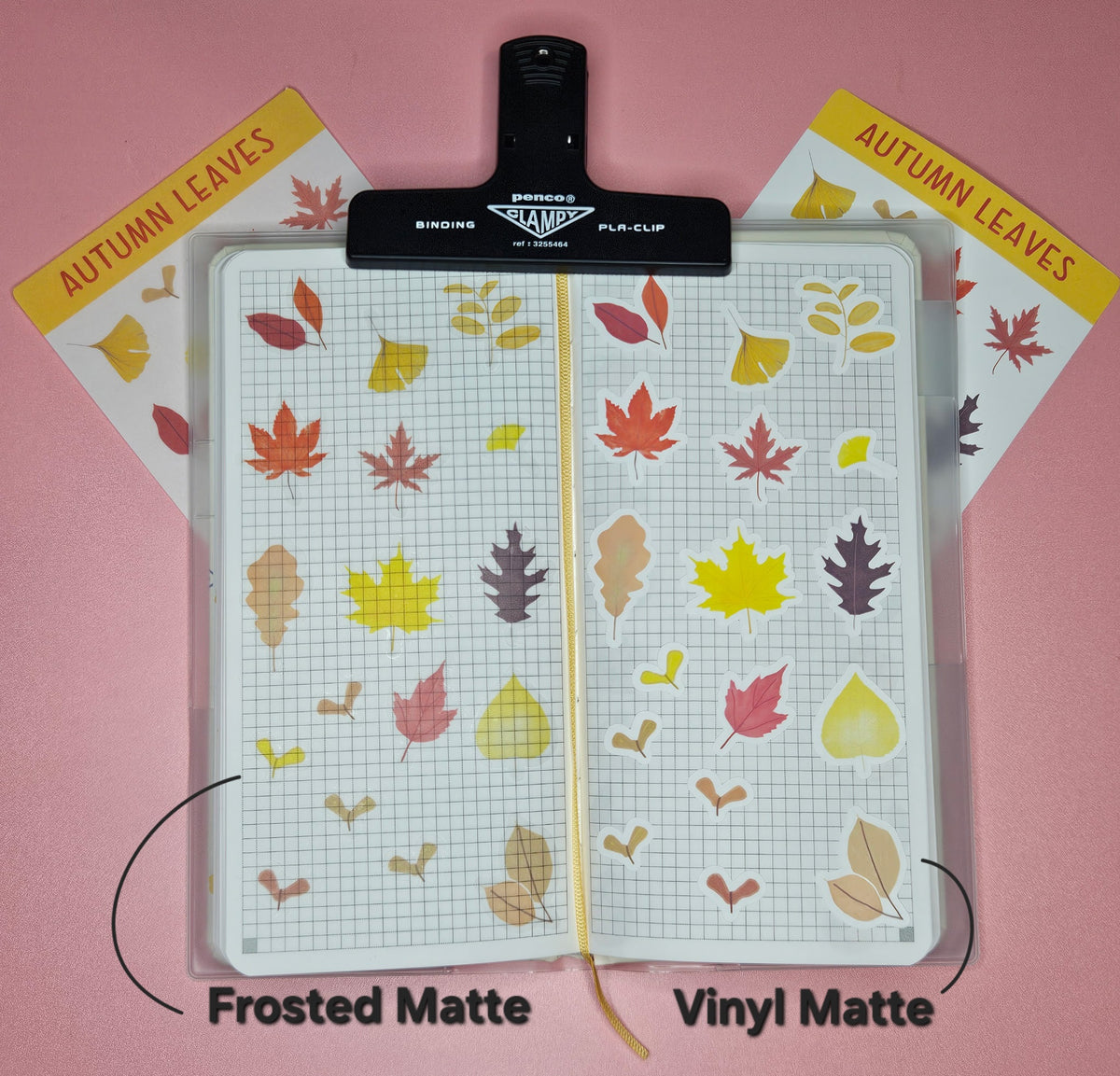 Frosted matte and vinyl matte sticker options displayed on a notebook