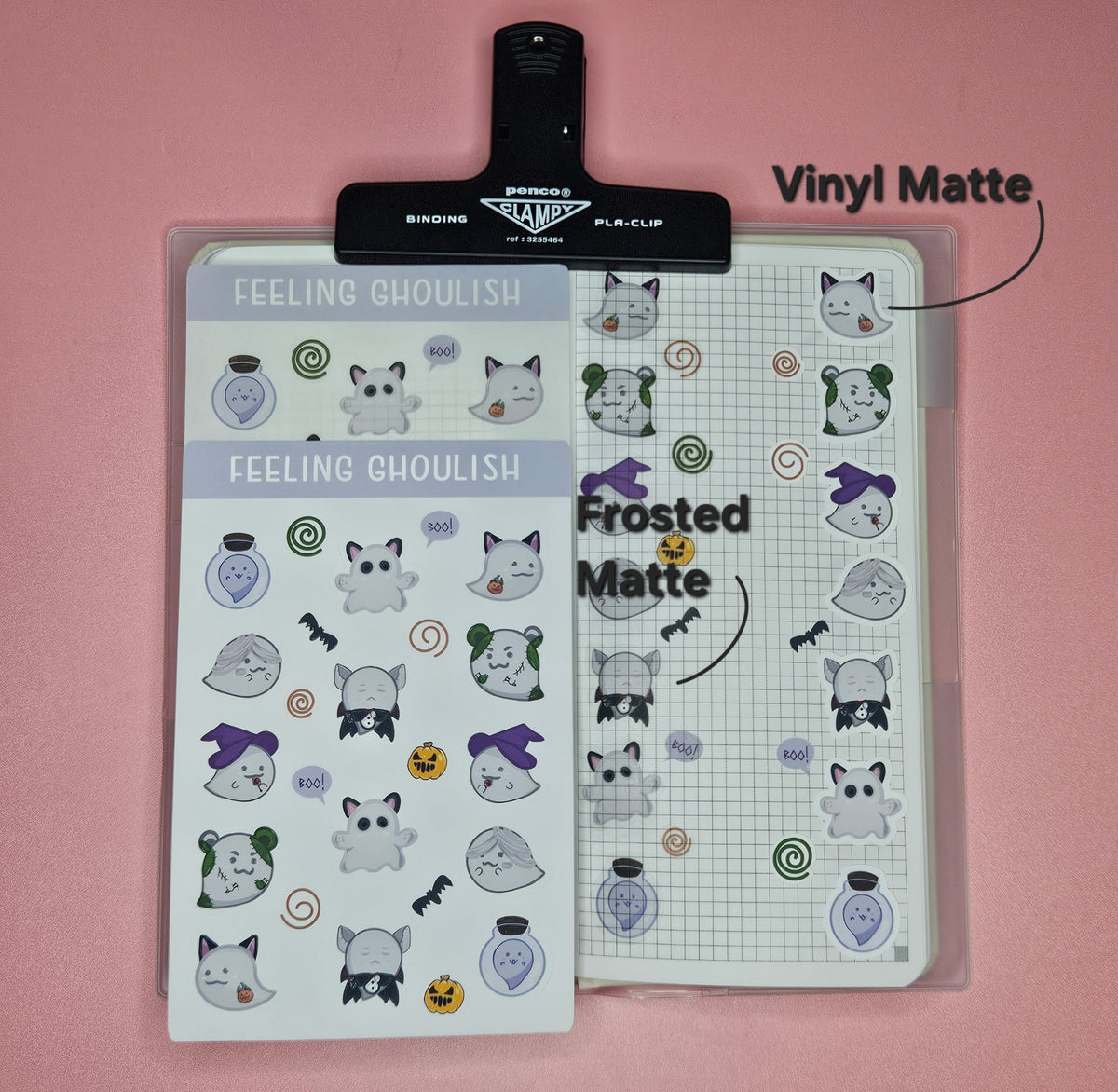notebook in center with stickers of both available options labeled