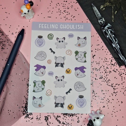 sticker sheet with ghosts/ghouls in a variety of costumes