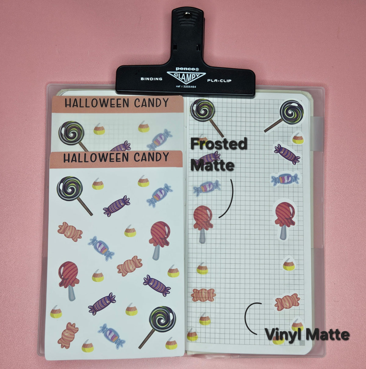 frosted matte and vinyl matte stickers Halloween candy side by side