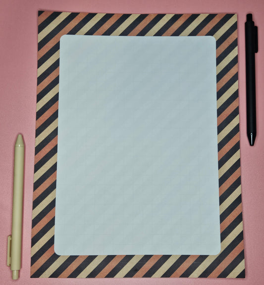 page on a light pink background with black and orange stripes with a light grid