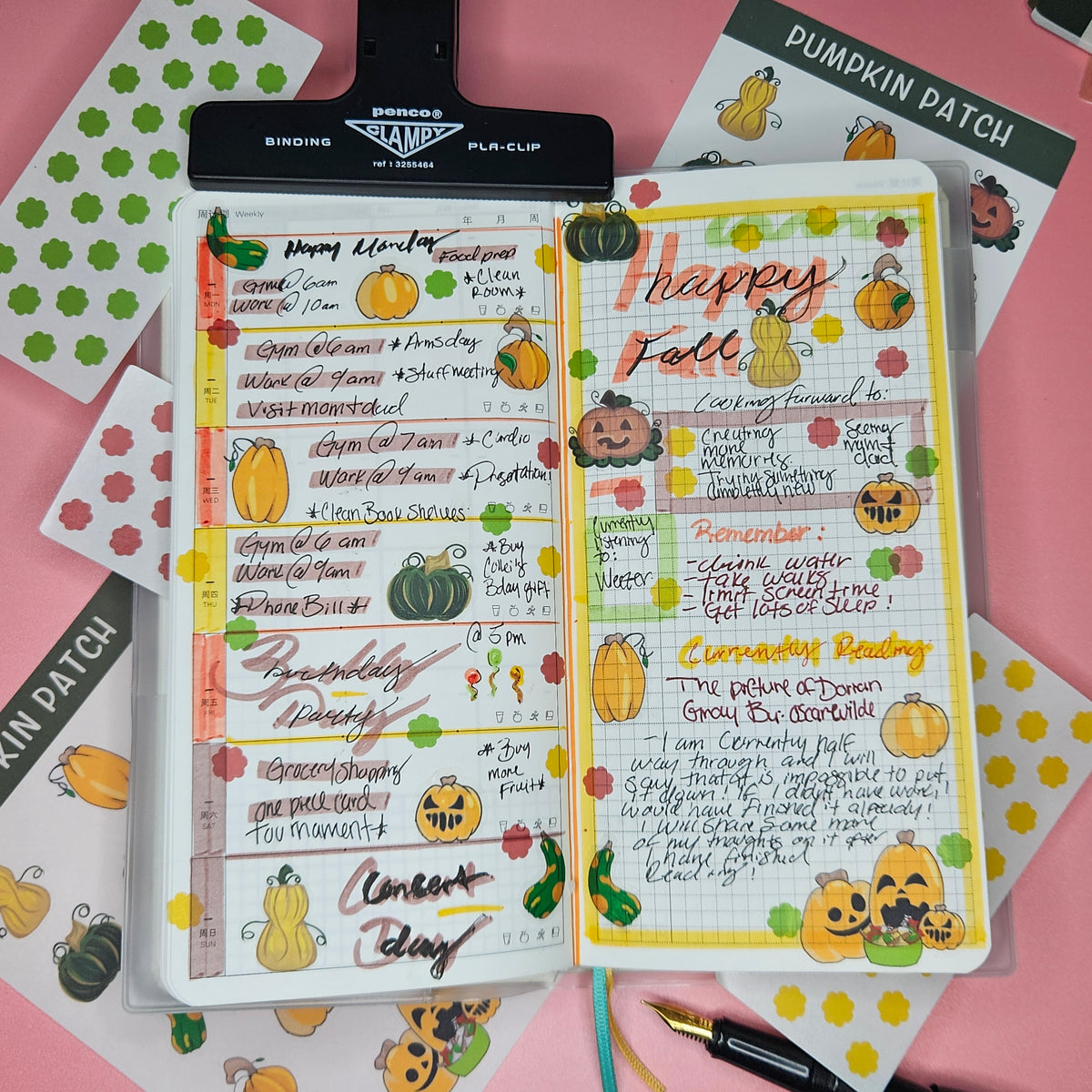 journal with a variety of events, showcasing pumpkins of different shapes and sizes. colorful fall colors