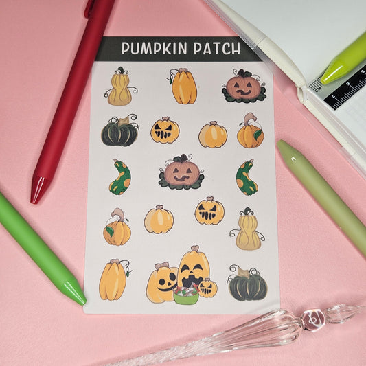 sticker sheet with a variety of pumpkins with and without faces 